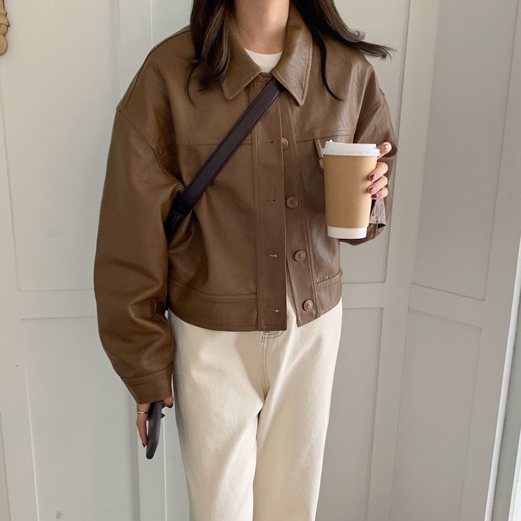 Lapel Single-Breasted Loose Casual Long-Sleeved Short Leather Jacket Women Lapel Single-Breasted Loose Casual Long-Sleeved Short Leather Jacket Women 1