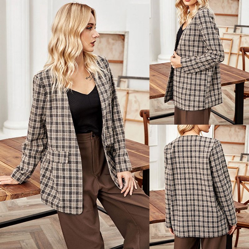 Khaki plaid blazer Women for Fall and winter LB541 Khaki plaid blazer Women for Fall and winter LB541 1