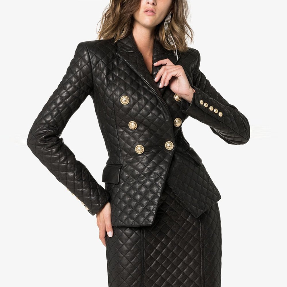 Slim-fit quilted leather blazer coat women Slim-fit quilted leather blazer coat women 1