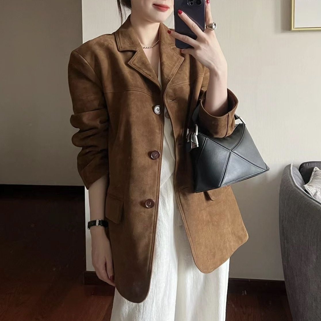 Retro Brown Leather Suit Jacket For Women Retro Brown Leather Suit Jacket For Women 1